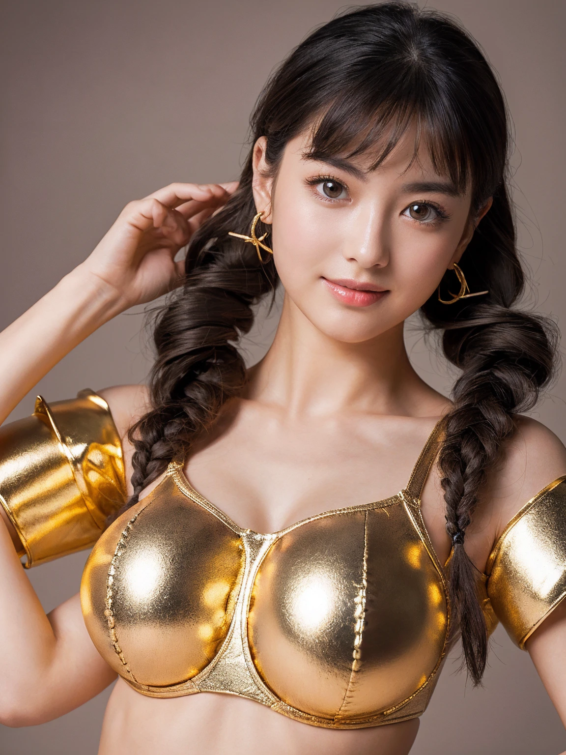 Here's a prompt for an SD model:
Studio shot of a stunning female model featuring colossal breasts, youthful skin, and vibrant twin tails. The subject wears a multicolor pleated leotard resembling shiny metallic ninja armor in bright tones. Her eyes sparkle under studio lighting as she poses with confidence. Focus on her upper body, showcasing the impressive bust in high resolution. No background distractions, just the model's captivating features.