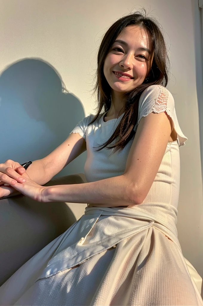 (Realistic、Like a photograph、Live Action、8k, Photorealistic, RAW Photos, Best image quality: 1.4), Single-lens reflex camera、RAW Photos, highest quality, Realistic, Highly detailed CG Unity 8k wallpaper, Written boundary depth, Cinematic Light, Lens flare, Ray Tracing, Realistic background、((Long sleeve T-shirt:1.4、T-shirt that fits the body、Chest is pounding、Big Breasts、Breast flash)、(Tight long skirt:1.1、Mermaid line long skirt)、Large Breasts:1.37、((Wear a name tag around your neck)))、((Ultra-dense skin))、 1 female,Cute Japanese Woman、Japanese office lady at work、((whole body:1.5),View the computer:1.1、smile、Pink inner color hair、Medium Hair:1.2、Short Ponytail、I like that style、Stylish、Very detailed、Pay attention to the details、Perfect outfit、(Sunburned skin)、Beautiful legs:1.1,Working while leaning forward next to a desk、View from the front