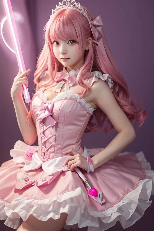 Girl with pink hair, 15-year-old girl, ゴージャスなMagical girlの衣装, Pink dress with ribbons and frills, I have a magic wand in my hand, The tip of the wand is a glowing pink heart., Designed to look like a bow and arrow, Magical girl