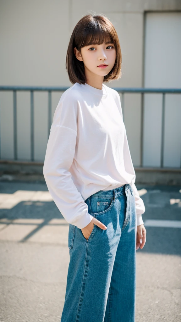 (top-quality、16K resolution) 1 girl、solo、natural soft light、Looking at the camera、Long sleeve white T-shirt、Concrete background、Facing the front、is standing、bobhair、Woman in her late s、Light bangs、short-hair、Salon model、Natural look、portlate、floated hair、Rolled hair, blue jean, pink shoes, background on street