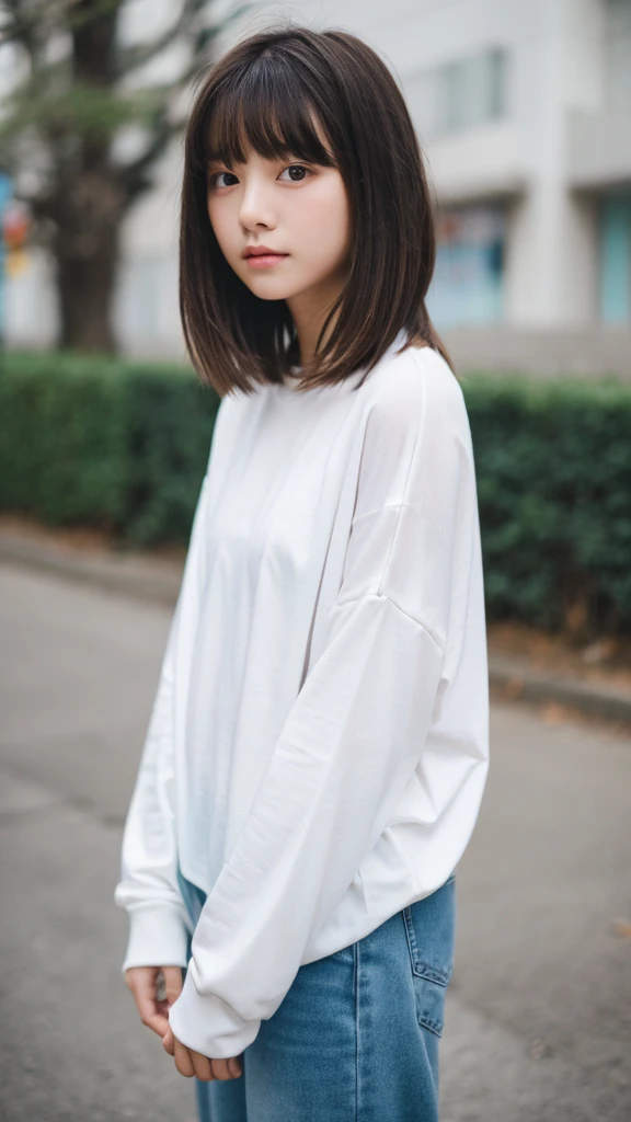 (top-quality、16K resolution) 1 girl、solo、natural soft light、Looking at the camera、Long sleeve white T-shirt、Concrete background、Facing the front、is standing、bobhair、Woman in her late teens、Light bangs、short-hair、Salon model、Natural look、portlate、floated hair、Rolled hair, blue jean, pink shoes, background on street