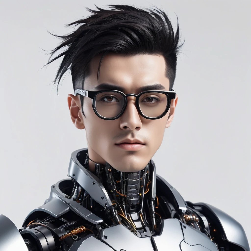 Male robot body hair with black-rimmed glasses with undercut hair, Look to the camera ::futuristic cyberpunk style ,realistic styling ::n_digital painting style, robotic parts, face perfect::seed 1、Black Edged Hair、large nose、Black-based clothing, photo by full body, White background