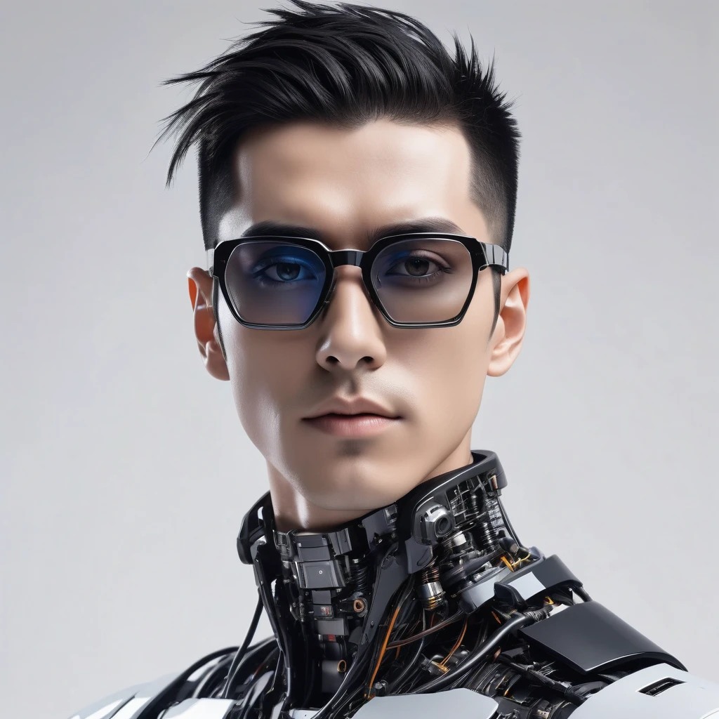 Male robot body hair with black-rimmed glasses with undercut hair, Look to the camera ::futuristic cyberpunk style ,realistic styling ::n_digital painting style, robotic parts, face perfect::seed 1、Black Edged Hair、large nose、Black-based clothing, photo by full body, White background
