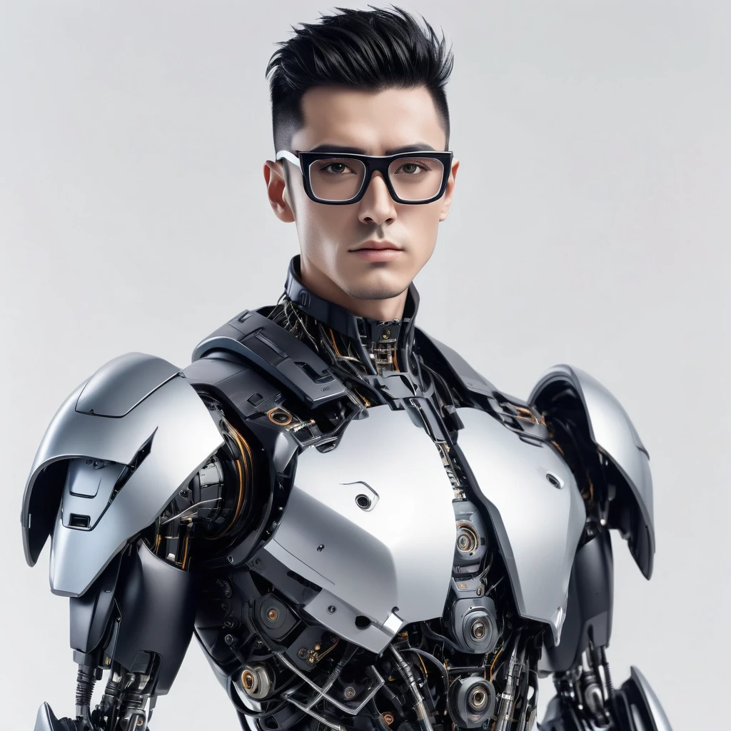 Male robot body hair with black-rimmed glasses with undercut hair, Look to the camera ::futuristic cyberpunk style ,realistic styling ::n_digital painting style, robotic parts, face perfect::seed 1、Black Edged Hair、large nose、Black-based clothing, photo by full body, White background