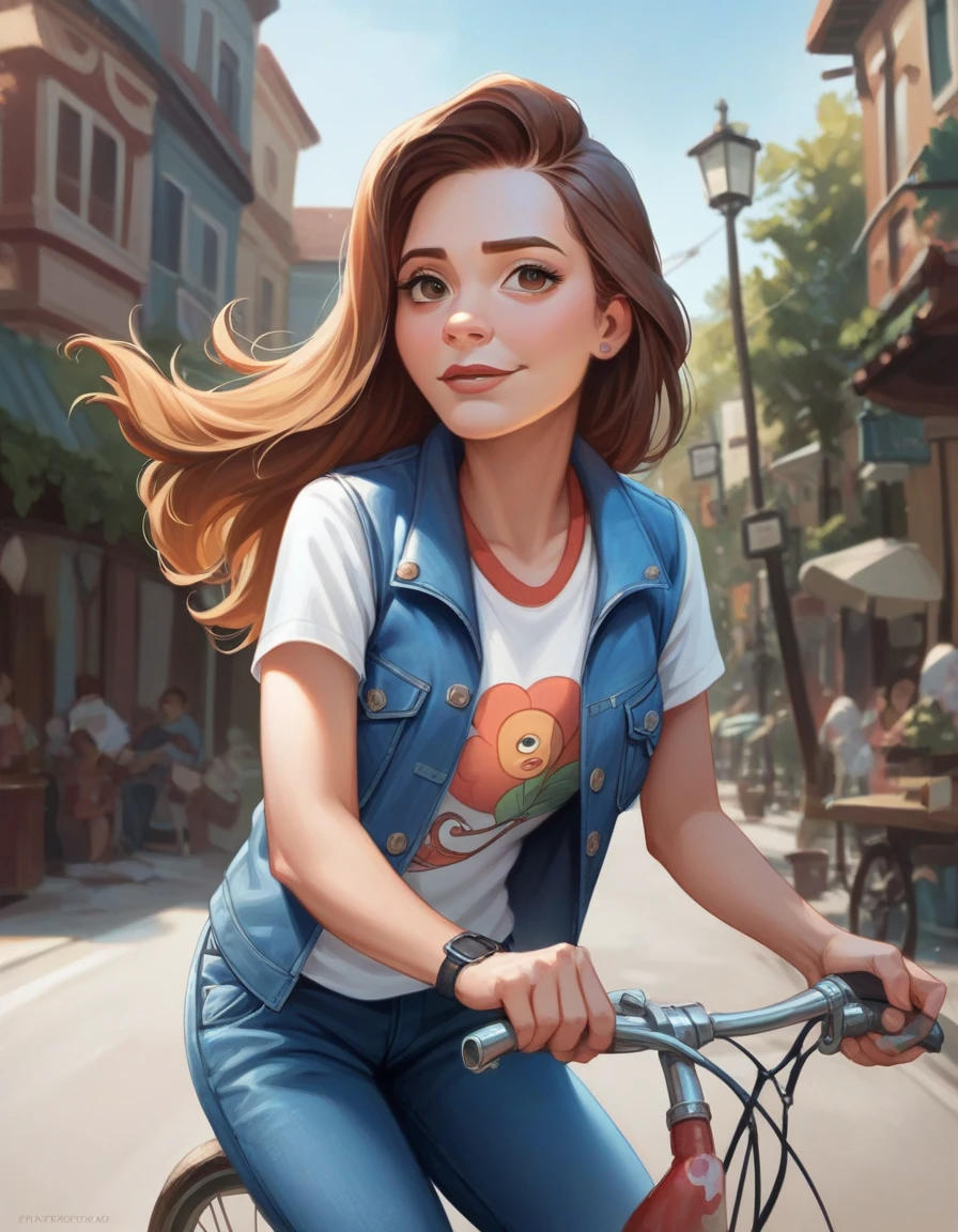 cartoon caricature with a large head size of a beautiful Indonesian girl, wearing a t-shirt, leather jacket, Disney Pixar 3D character,UHD, 16k, hard smudge, oil painting, digital art, smooth lighting, fisheye lens shot