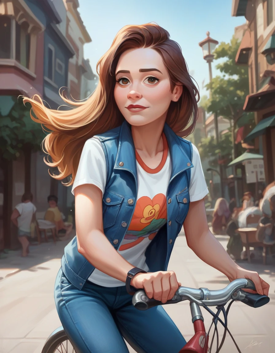 cartoon caricature with a large head size of a beautiful Indonesian girl, wearing a t-shirt, leather jacket, Disney Pixar 3D character,UHD, 16k, hard smudge, oil painting, digital art, smooth lighting, fisheye lens shot