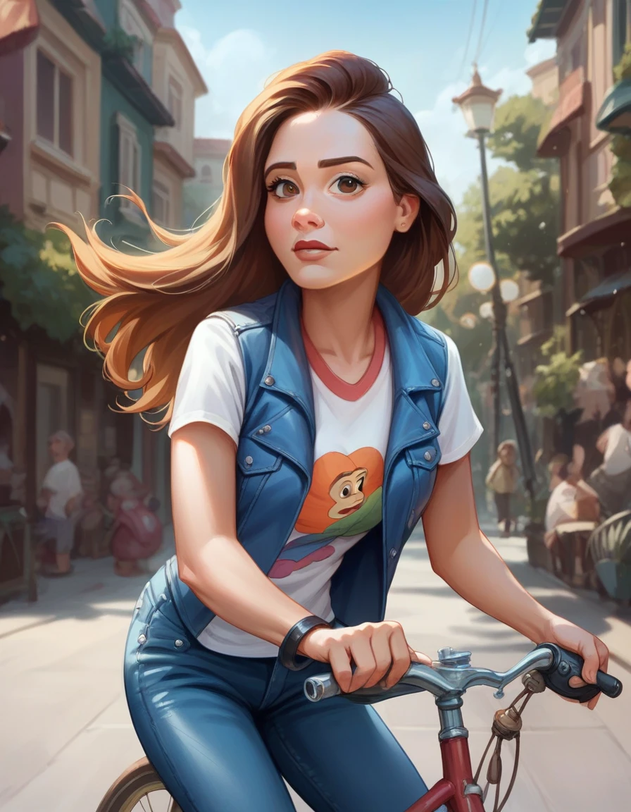 cartoon caricature with a large head size of a beautiful Indonesian girl, wearing a t-shirt, leather jacket, Disney Pixar 3D character,UHD, 16k, hard smudge, oil painting, digital art, smooth lighting, fisheye lens shot