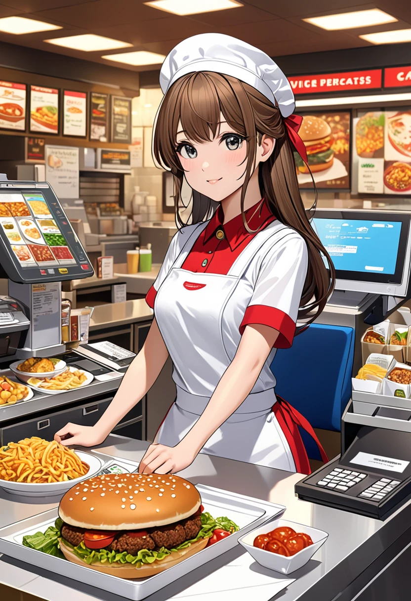 
            ( Correct and perfect anatomy ) Cute charming anime girl wearing white fast food uniform(Fast food clerk) There is a cash register in front of work in a fast food restaurant with a hand holding an order form. There are rich healthy side dishes around the cash register. The background of fast food meals is a rich meal preparation scene. Exquisite illustrations are super detailed.,Ultra-precise depiction, Ultra-detailed depiction of masterpieces Highly detailed concept art Highly detailed digital art
