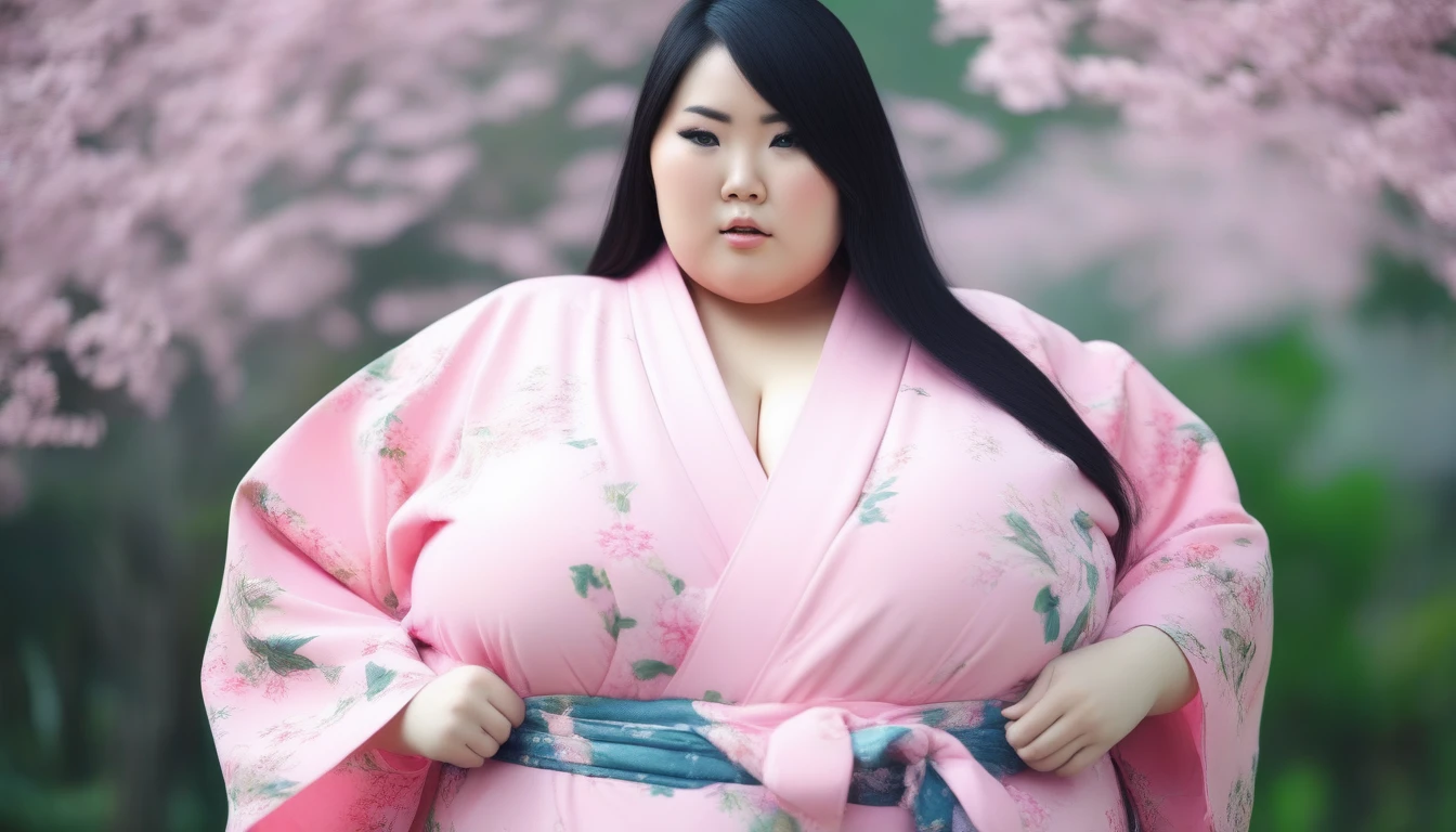 cute black haired asian with extreme huge enormous, bbw, obese, pink kimono. masterpiece 8k, professional photography, immobile, complete body, garden background, beautiful girl