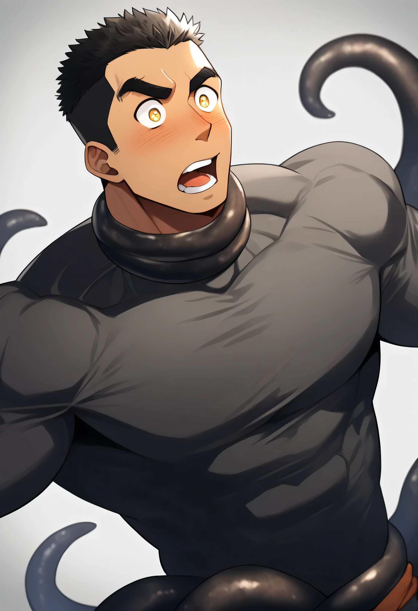 anime characters：Superhero in tights, negro black skin, He was entangled by a large number of thick black tentacles, Very stout, Slime Slug, Lots of mucus, Wrap around the neck, Tightly tied, Manliness, male focus, Yellow and black high collar long sleeve tight T-shirt, Slightly transparent material, Very tight, Round, full and perky chest muscles, Male dog waist, Slightly transparent, muscular male, muscular, only, Upper body, alone, Black short hair, Thick eyebrows, stubble, Yellow eyes, Grey background, simple background, amazing quality, best aesthetics, Ridiculous, bright pupils, crew cut, parted lips, blush, open mouth, scared, drop shadow, best quality