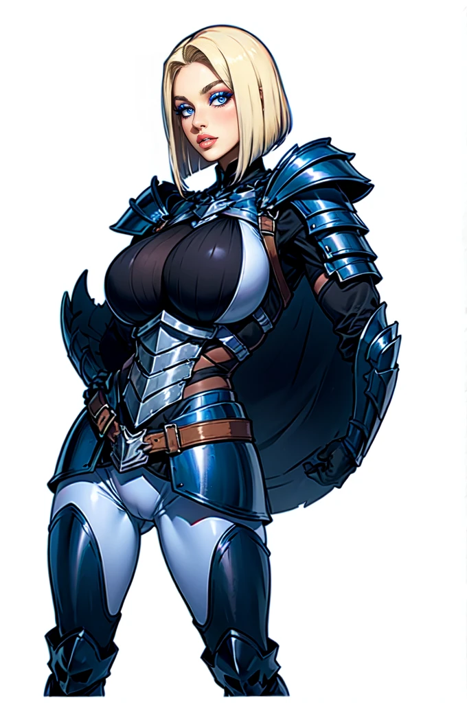 women,blond long bob hair, blue eyes, dark blue Body armor, big breastm Black boots, standing