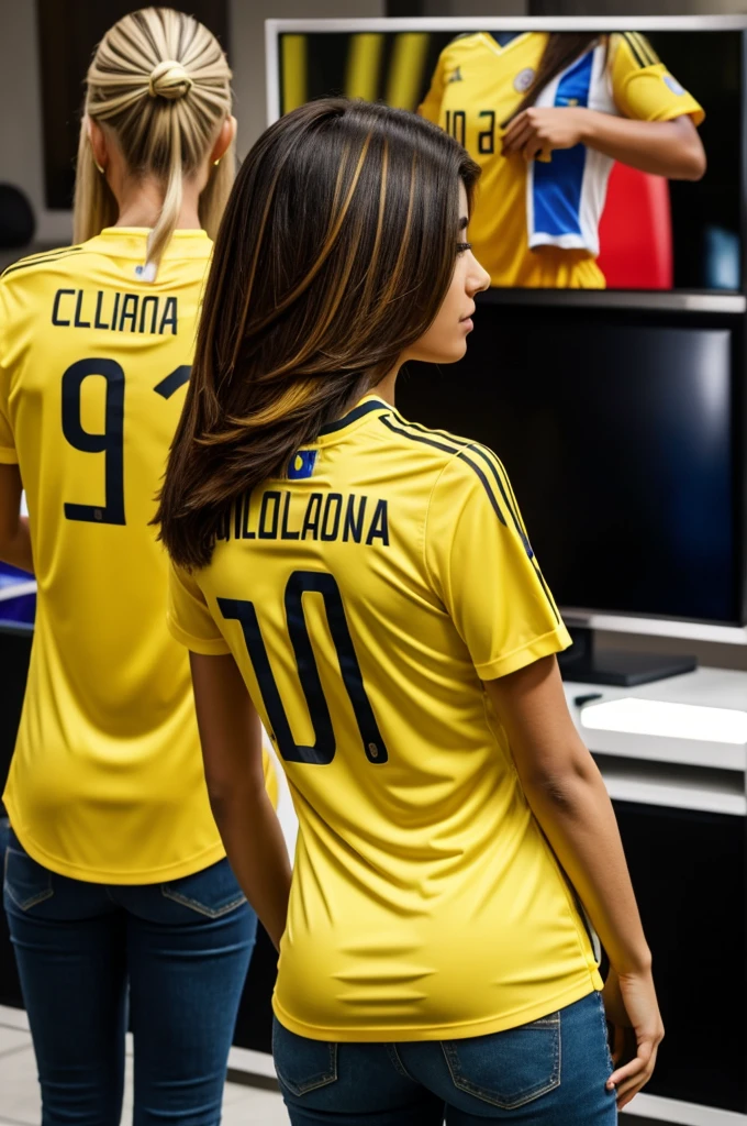 woman from behind watching big TV screen with the yellow Colombia national team shirt number 10 name of the shirt Ninela hair color medium straight brown 