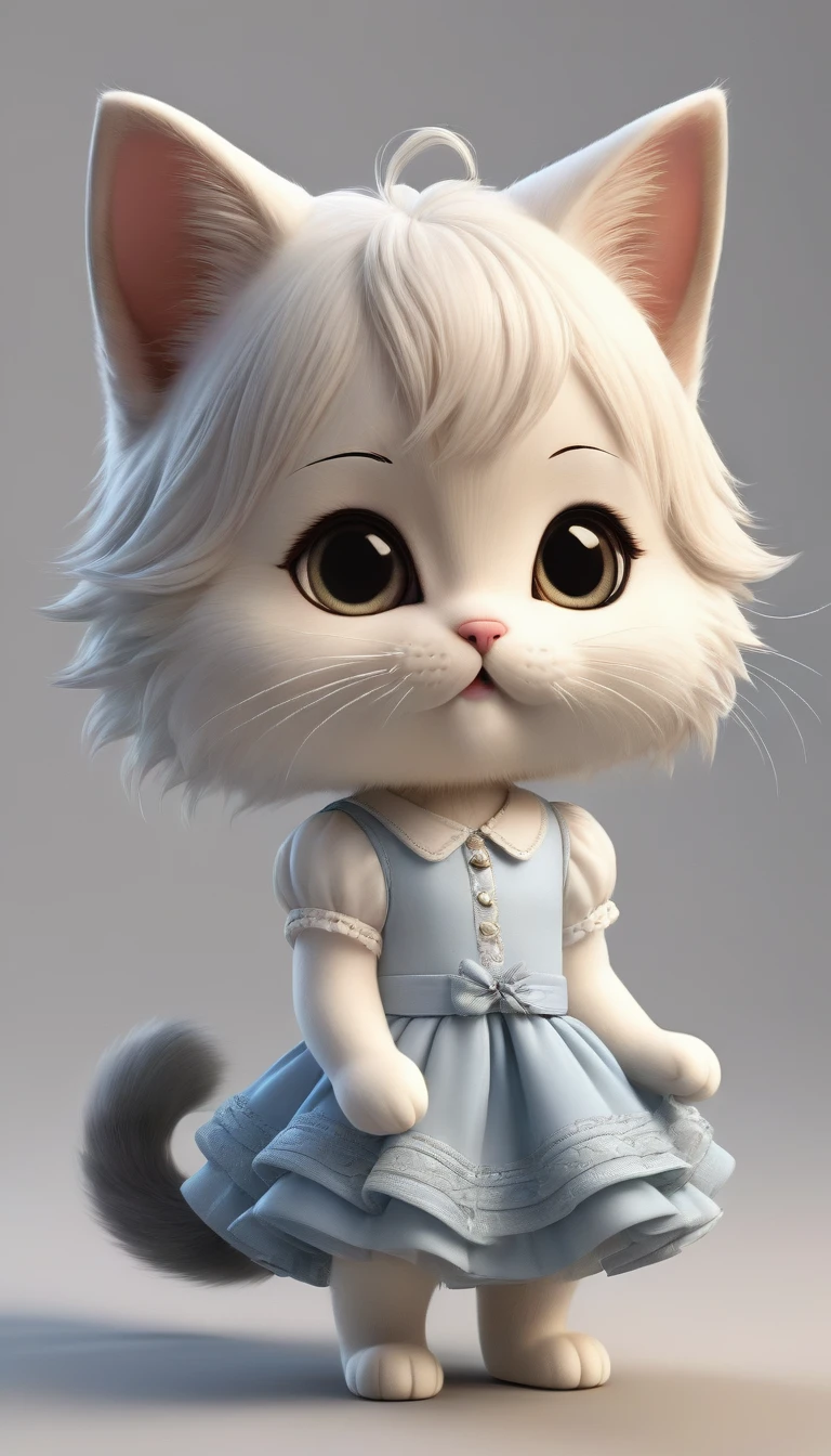 Highest quality,animal,cute,No humans,kitten,Stand on two legs，Hands at your side，Gray color，Wearing a white dress
