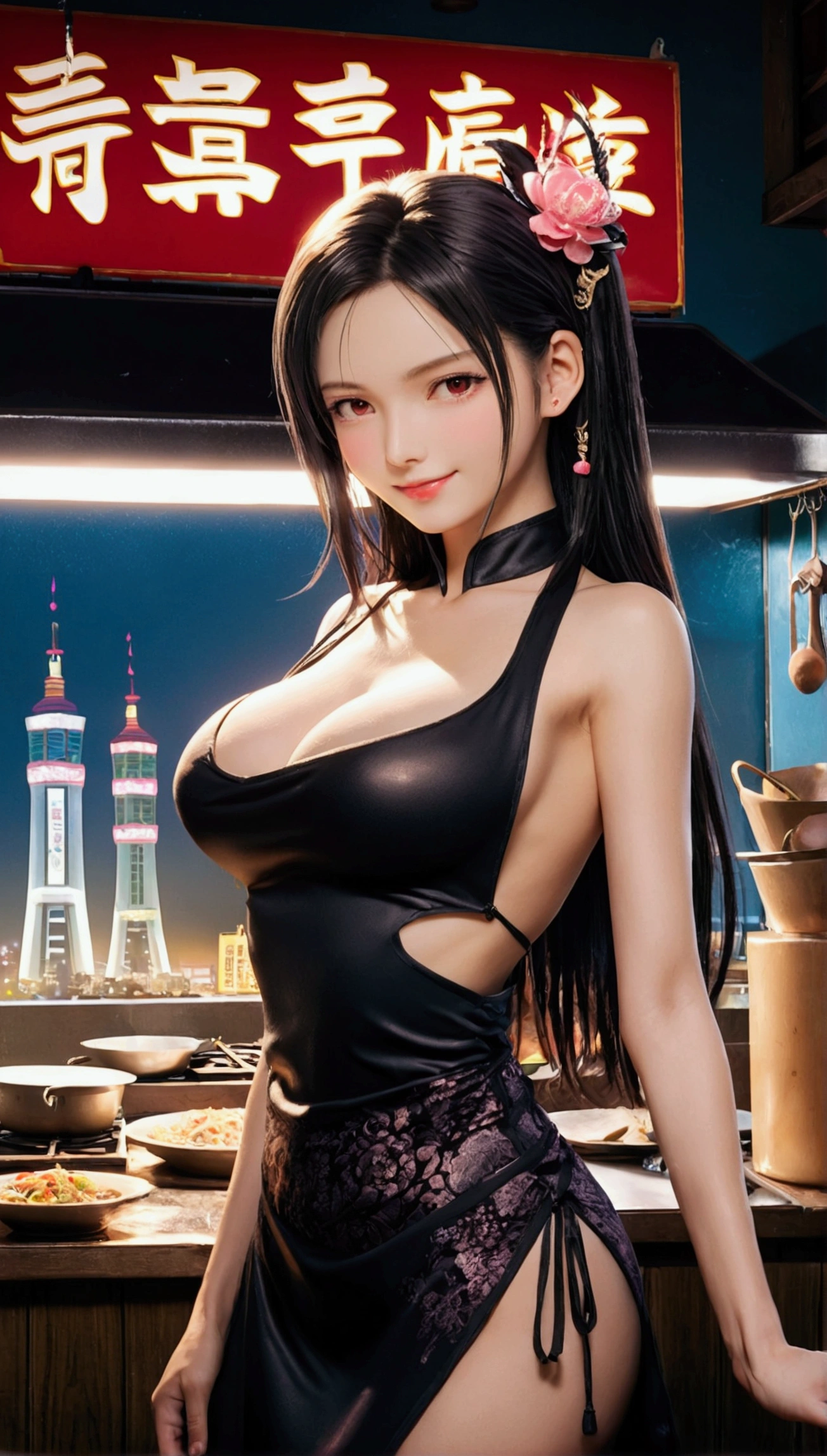 Highest quality, Super quality, 16K, Incredibly absurd, Very detailed, delicate and dynamic, SFW, Natural light, , Diffuse reflection of light, Vortex of Light, Dirty food stall, Chinese fast food, Old Chinese food stall, , , , Create amazing image effects, Kitchen, Taiwan, Taipei, (cute sexy girl, healthy shaped body, sexy long legs, Chinese food stall chef, Sensual expression, fine, Active, smile, Stove, Chinese pan, stir fry, Busy, Sweaty, black long hair, Naked Apron,,,)