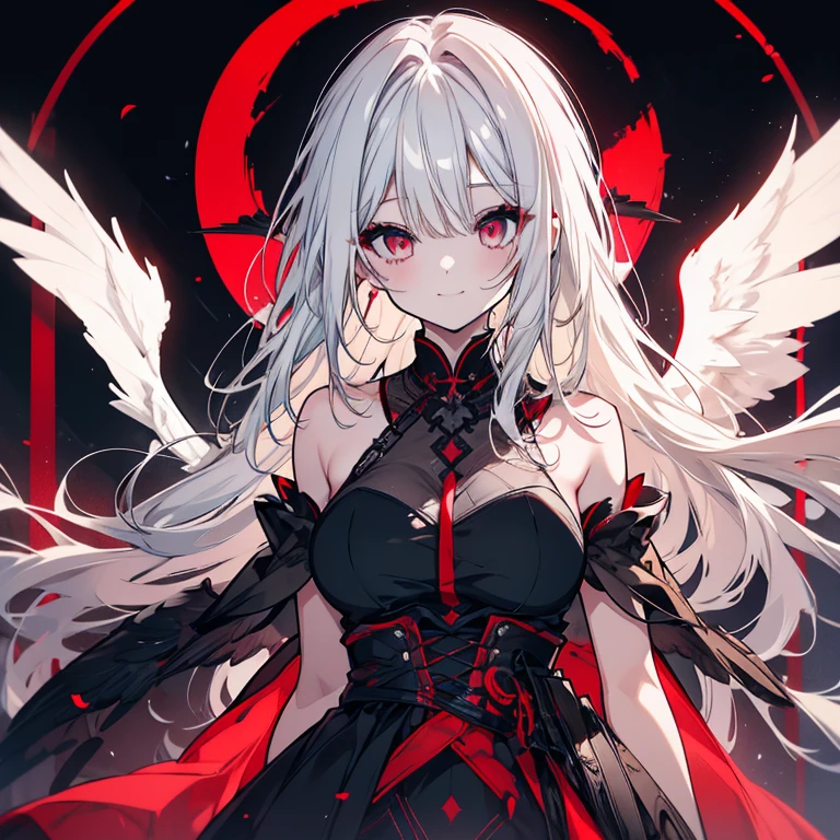 1 girl、Mature、Ample breasts、White Hair、Red Day、Hair blowing in the wind、Black Dress、Black wings、Big Wings、Wings on your back、Shoulder Bare、Night view、Long Hair、Sharp Eyes、Red Moon、A seductive smile、High resolution、Highest quality、