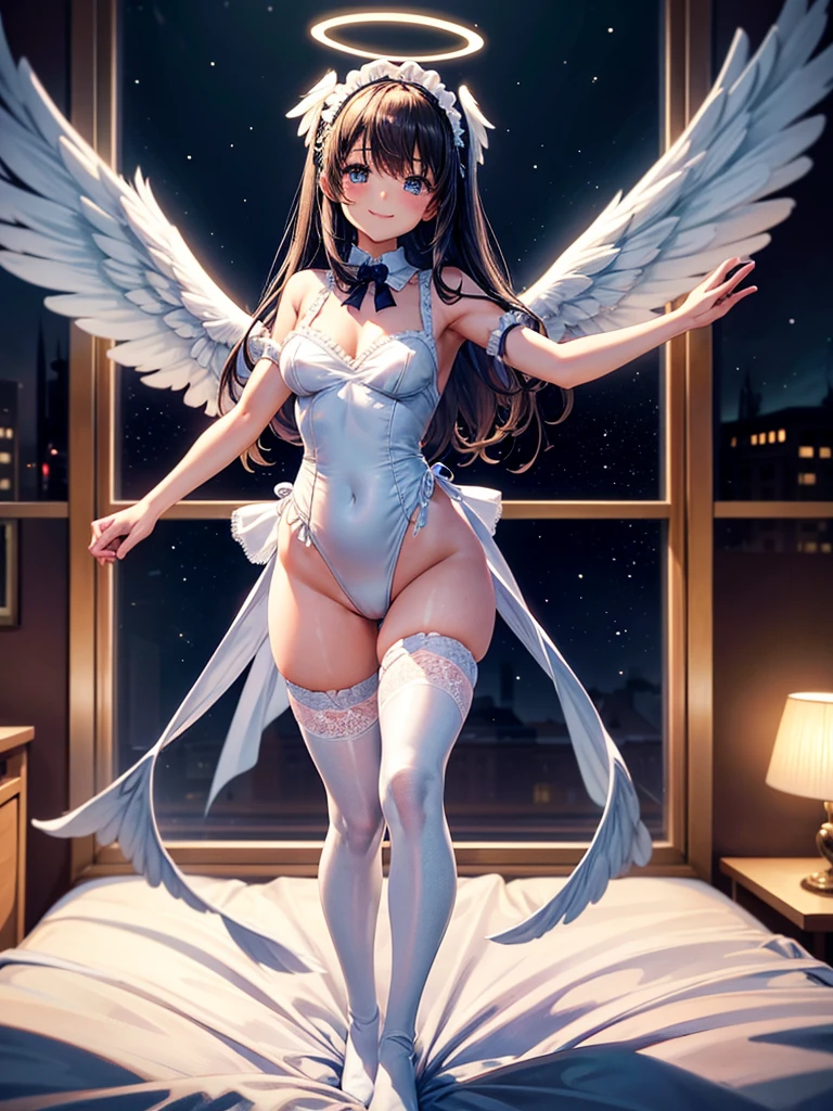 Highest quality,Highest Resolution,Smiling beautiful girl in maid leotard,Big angel wings on his back,Halo,High leg,フリル,Very beautiful eyes,front,whole body,Bedroom,Standing posture,Spread your arms out to the sides,Thigh-high stockings,Night view outside the window,