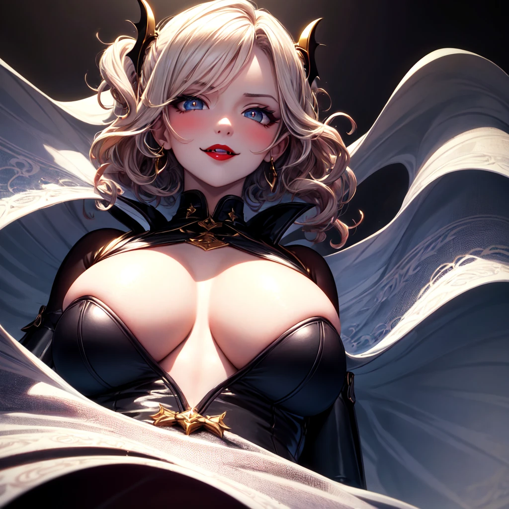 best quality,close up shot,attractive, from below,sexy,vampire woman,vampire fangs,top half of body,cleavage,chin from under, chin up, angle,red lipstick,sharp fangs,pale skin,intense gaze,detailed eyes, short hair ,white wavy hair,voluminous curls, underboob, view from below, dark background,seductive expression, piercings,alluring,enchanted,gothic beauty,piercing eyes,dramatic lighting,stunning,vampiric charm,provocative,tempting,mesmerizing look,alluring smile,glamorous, mysterious,vivid colors,erotic,powerful presence,tantalizing,enchanted,dark romance,spellbinding, seductive silhouette,exquisite,dramatic shadows,eye-catching,artistic masterpiece:1.2,highres,HDR, from under, blushing, 1 colour background. monocrome background,