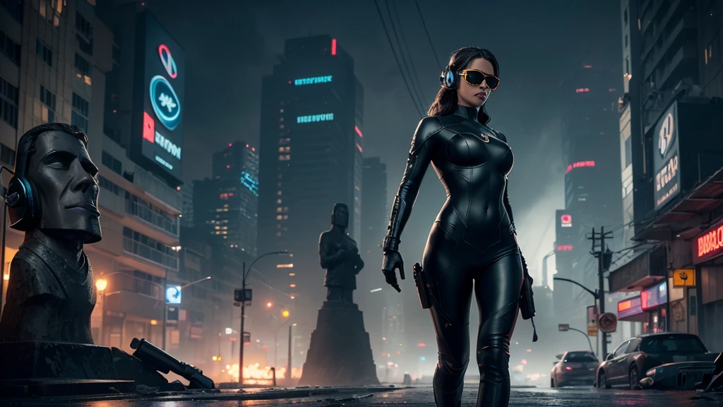 At night, dark sky, gorgeous Woman, (walks In a frozen cyberpunk city in ruins), (Moai-statue). Heavy tropical rain, Head slightly tilted back, leather suit, Distorted Space, Light Shafts, Volumetric Lighting, 4k Rendering, Stock Photo, Realistic Textures, Dramatic Lighting, Unreal Engine. Electric lighting. Windy messy hair. (((1girl, solo, alone))), medium-breast:1.1 slim body, cleavage, (((headphone, black sunglasses))), (((hip-up standing and holding (pistol)))), (((half-body thigh level medium shot))), cinematic lighting, lens flare, ray tracing.
