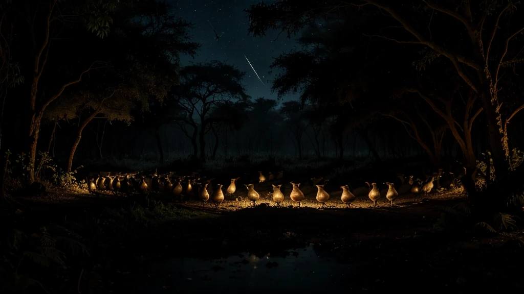 A dark night scene shows a cacophony of chirping birds at in the African forest