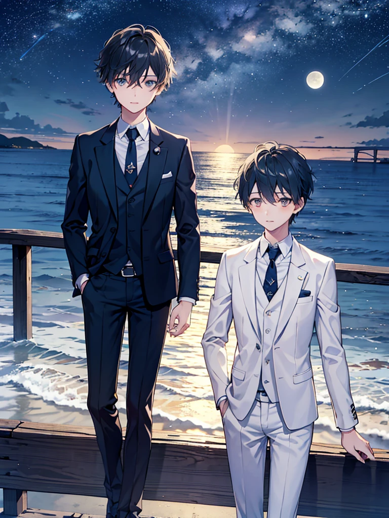 two boys watching the sea from a bridge together at a Starry beautiful night with falling stars and shining moon along with the sea water glowing from the moon shine, one boy looking at the other boy, both boys wondering, chill sensation, calm, quite, serene, beautiful perfect illustration, half body, elegant look, wearing blazers and ties, formal outfits, extravagant, upper body shot, one boy looking at the viewer