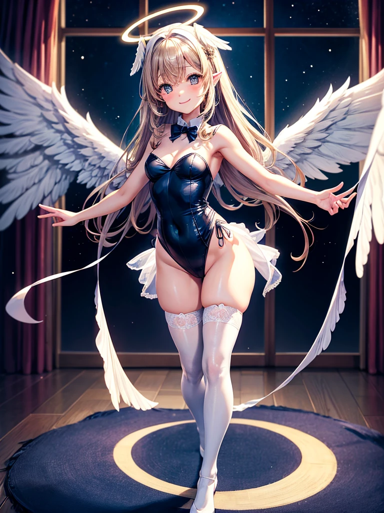 Highest quality,Highest Resolution,Smiling beautiful girl in maid leotard,Big angel wings on his back,Halo,High leg,フリル,Very beautiful eyes,front,whole body,Bedroom,Standing posture,Spread your arms out to the sides,Thigh-high stockings,Night view outside the window,
