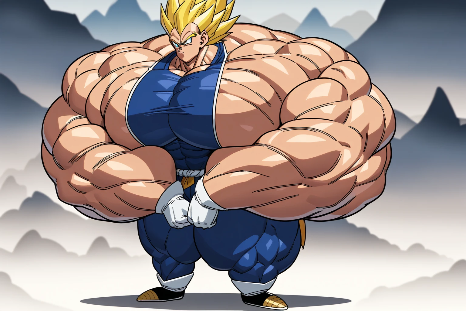 1boy, Vegeta, from Dragon Ball Z, masterpiece, best quality, very aesthetic, absurdres, saiyan, blue eyes, spiked hair, (yellow hair:1.5), standing up, good posture, shirtless, blue skintight pants, white gloves, (huge muscles:2.9), Dragon Ball Z artstyle, in the style of Akira Toriyama, white tiled floor, outdoor, flat-top mountains, Extreme Wide Shot, full pose, full body shot, (full body in frame:1), white boots with brown tips