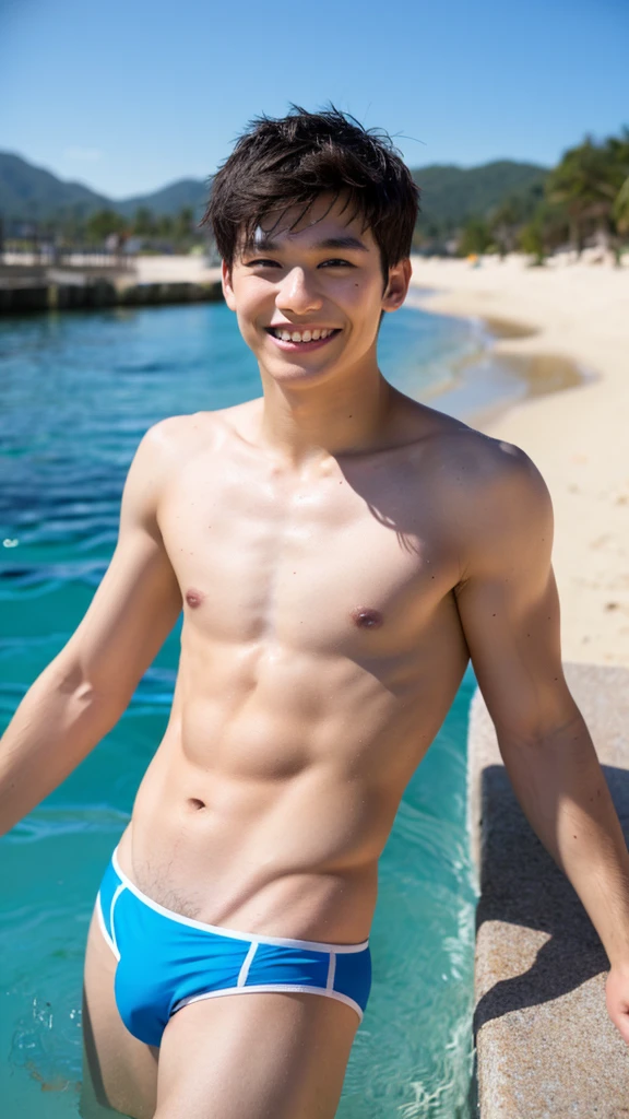 male Age 21 swimwear topless smile