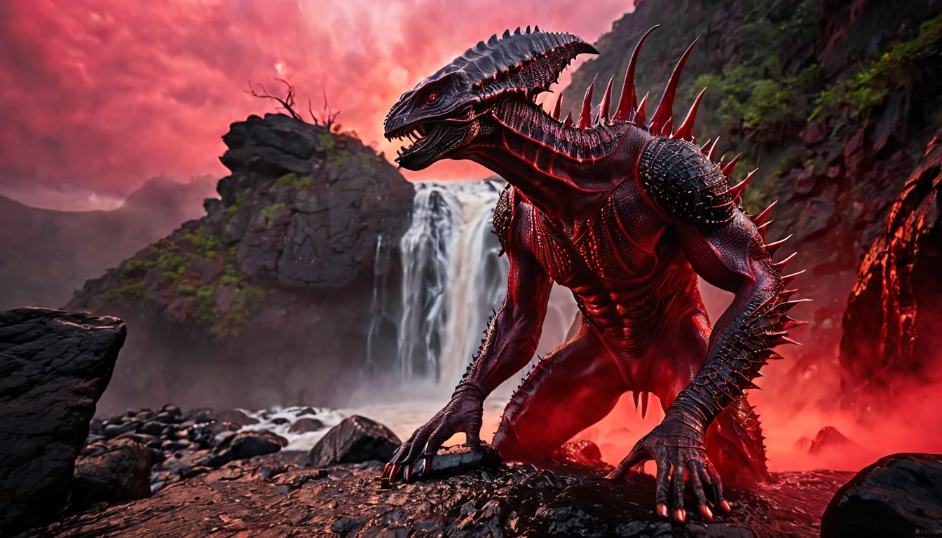 alien monster (super muscular, large size) thick thorns, reptile skin, standing on a steep slope of black rocks in the background waterfalls, red fog. ready to fight, dusk (dark fantasy image), ethereal atmosphere, cinematic lighting, photorealistic (best quality). 8k, high resolution, masterpiece: 1.2), ultra detailed, realistic, photorealistic: 1.37, spectacular lighting, moody, fantasy, concept art