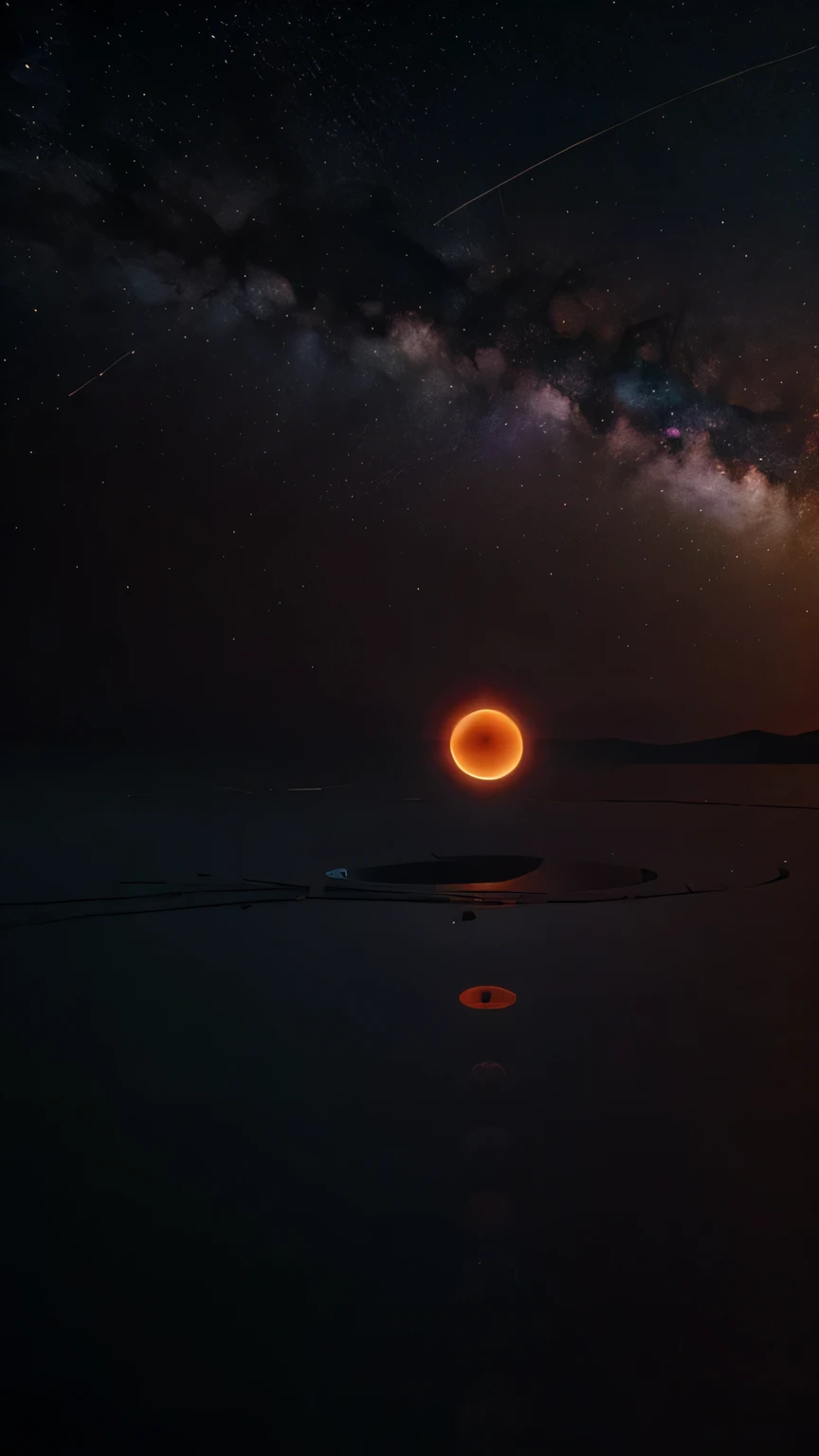 The Seven Dimensions of the Inner Psychedelic Universe，Asymmetric spiral composition of the soundscape masterpiece,Minimalist desolate landscape, horizon， firefly, artistic, Red, dust, best quality, 