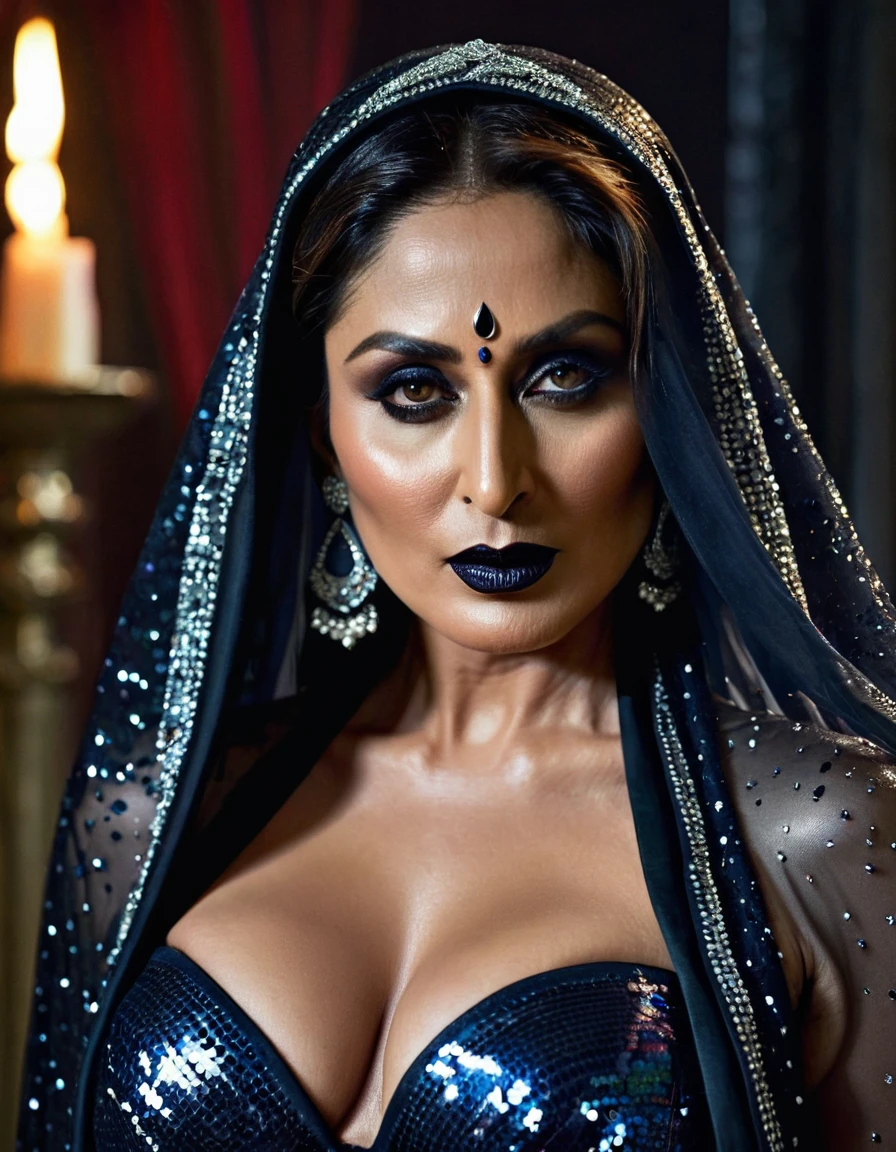 Looks like Kareena Kapoor khan, milf, cougar lady witch, horny Gothic milf, 50 years old gorgeous mature lady, pervert demoness, demoness of lust, curvy, black lips, horny face, extremely gorgeous, thick figure, heavy physique, voluptuous, curvy, sexy figure, Fashionable portrait of androgynous alien looking witch wearing veil, glowing eyes, futuristic design, minimal details, givenchy, photoreal, 200mm, hd, f/ 2.0, highly detailed, surreal, sexy beautiful evil woman, sexy bold sequin Saree with strapless Bra, chudail, Pishachini, horror genre, blood-thirsty enchantress, powerful female spirit, eerie, drop dead, in the style of red and blue, (intricate details, hyperdetailed:1.15) (skin texture:1.2), dark Moody tone, cinematic lighting, haunted place in background,