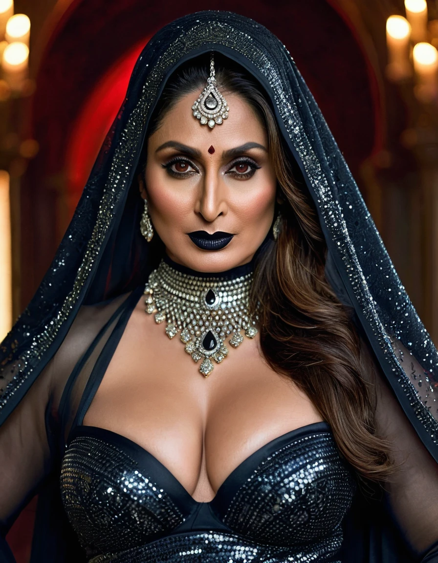 Looks like Kareena Kapoor khan, milf, cougar lady witch, horny Gothic milf,  50 years old gorgeous mature lady, pervert demoness, demoness of lust, curvy, black lips, horny face, extremely gorgeous, thick figure, heavy physique, voluptuous, curvy, sexy figure, Fashionable portrait of androgynous alien looking witch wearing veil, glowing eyes, futuristic design, minimal details, givenchy, photoreal, 200mm, hd, f/ 2.0, highly detailed, surreal, sexy beautiful evil woman, sexy bold sequin Saree with strapless Bra, chudail, Pishachini, horror genre, blood-thirsty enchantress, powerful female spirit, eerie, drop dead, in the style of red and blue, (intricate details, hyperdetailed:1.15) (skin texture:1.2), dark Moody tone, cinematic lighting, haunted place in background, 