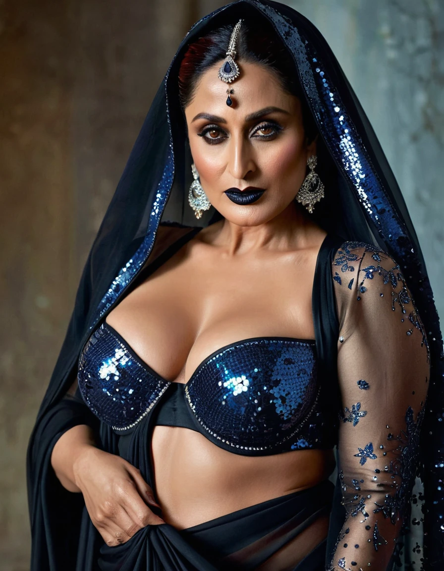 Looks like Kareena Kapoor khan, Big chubby aunty, milf, cougar lady witch, horny Gothic milf, 70 years old gorgeous mature lady, pervert demoness, demoness of lust, curvy, black lips, horny face, extremely gorgeous, thick figure, heavy physique, voluptuous, curvy, sexy figure, Fashionable portrait of androgynous alien looking witch wearing veil, glowing eyes, futuristic design, minimal details, givenchy, photoreal, 200mm, hd, f/ 2.0, highly detailed, surreal, sexy beautiful evil woman, sexy bold sequin Saree with strapless Bra, chudail, Pishachini, horror genre, blood-thirsty enchantress, powerful female spirit, eerie, drop dead, in the style of red and blue, (intricate details, hyperdetailed:1.15) (skin texture:1.2), dark Moody tone, cinematic lighting, haunted place in background,