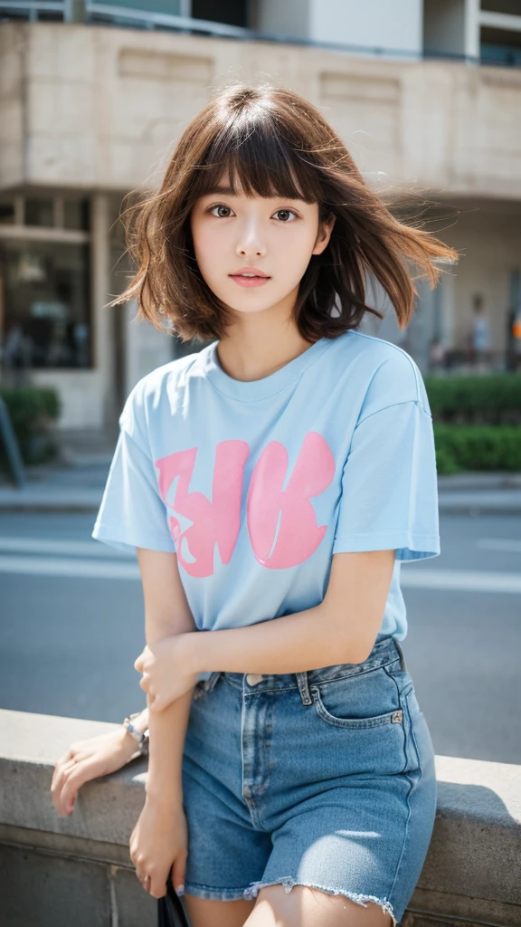 (top-quality、16K resolution) 1 girl、solo、natural soft light、Looking at the camera、sexy T-shirt、Concrete background、Facing the front、is standing、bobhair、Woman in her late s、Light bangs、short-hair、Salon model、Natural look、portlate、floated hair、Rolled hair, sexy blue jean, pink shoes, background on street