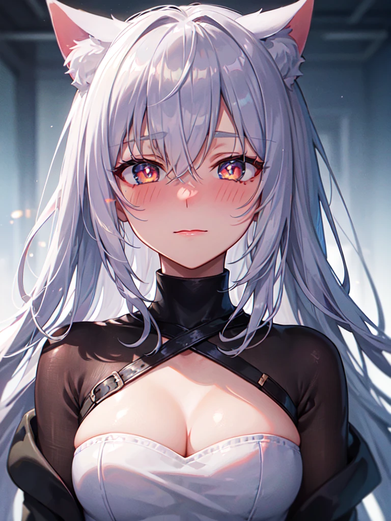 shy, embarrassed, blush, closed mouth, bright pupils, glint, red lips, nose blush, cat ears, longeyelashes, slit pupils, wide eyes, amber eyes, shiny hair, long hair, silver hair, high detail, anime, anime style, depth of field, cinematic lighting, ray tracing, masterpiece, accurate, anatomically correct, super detail, high details, high quality, best quality, highres, 4K