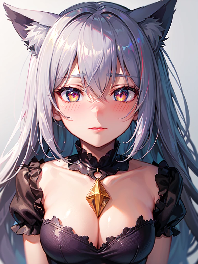 shy, embarrassed, blush, closed mouth, bright pupils, glint, red lips, nose blush, cat ears, longeyelashes, slit pupils, wide eyes, amber eyes, shiny hair, long hair, silver hair, high detail, anime, anime style, depth of field, cinematic lighting, ray tracing, masterpiece, accurate, anatomically correct, super detail, high details, high quality, best quality, highres, 4K