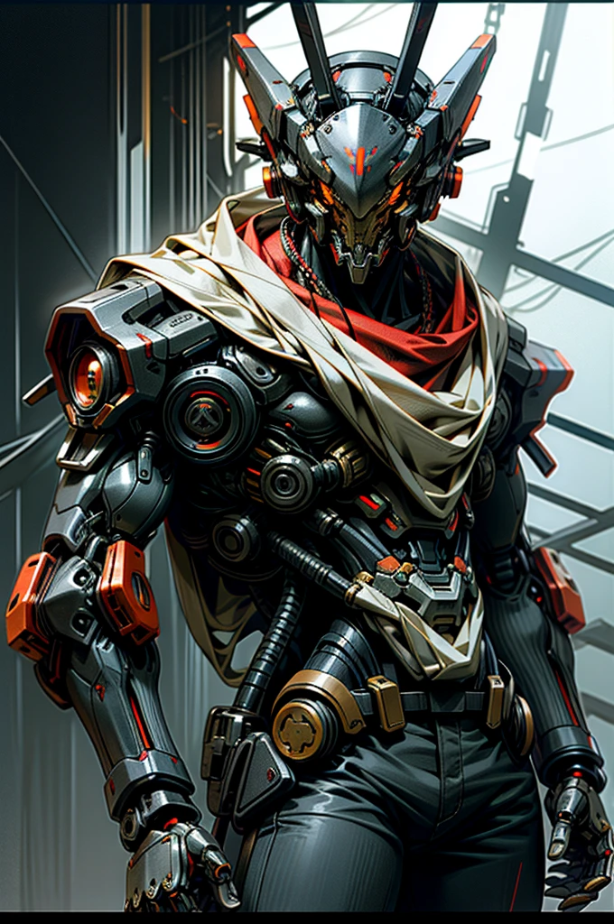 Dark_Fantasy,Cyberpunk,(chain saw,chain saw man,Red:1.1),1man,Mechanical marvel,Robotic presence,Cybernetic guardian, black and white