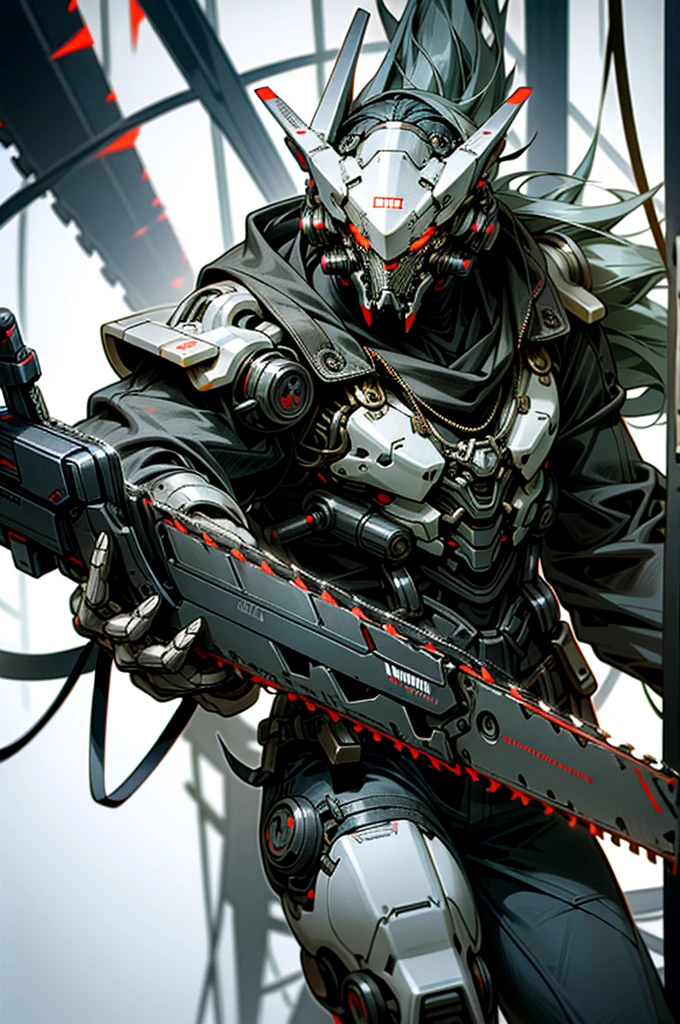 Dark_Fantasy,Cyberpunk,(chain saw,chain saw man,Red:1.1),1man,Mechanical marvel,Robotic presence,Cybernetic guardian, black and white