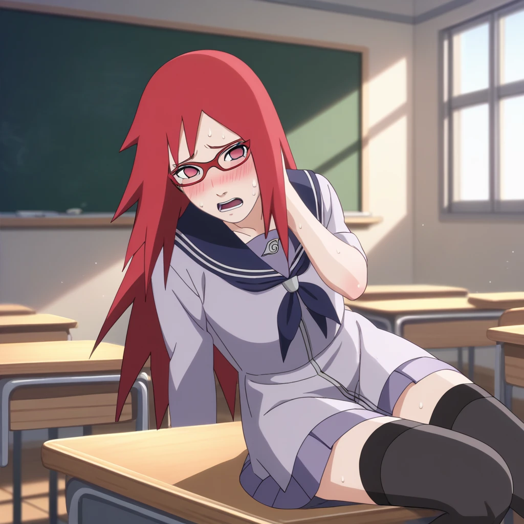 Red hair, 1 Girl, Glasses, Long hair, Red Eyes, Solitary, Sailor Suit, Black over-the-knee stockings, Umbilical cord, Looking at the audience,No students, Japanese cartoons screencap, Japanese cartoons coloring,src_Japanese cartoons,Naruto \(series\), Naruto shippuuden,((blush,nervous,Vision,classroom,sit on the chair,))masterpiece, absurd , (Intricate details), (Colorful), light, Extremely detailed CG unity 8k wallpaper ,1 Girl, solo,(shy,classroom,night,blush,nervous,Sweating,蕾丝dress, ),sweat,blush,blush1.5,Blush,Medium chest,((dress,Black stockings,)),(dress,Lying in bed,Uncomfortable expression,Mouth open,spit)