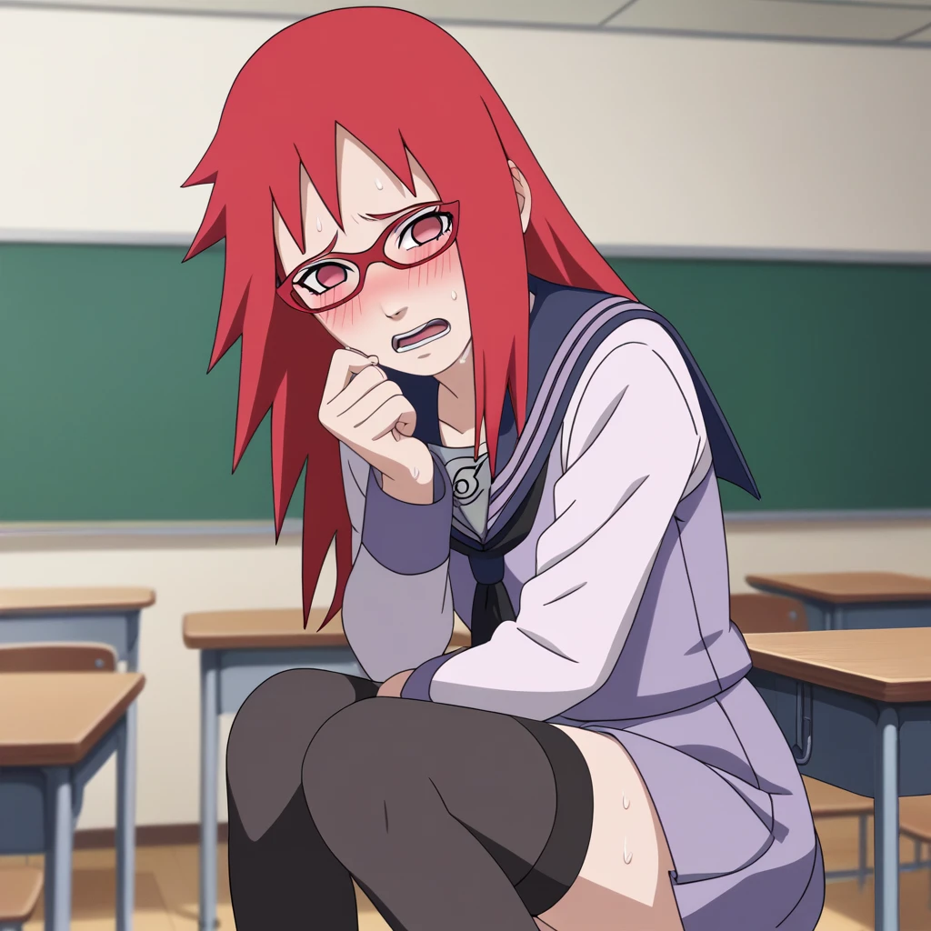 Red hair, 1 Girl, Glasses, Long hair, Red Eyes, Solitary, Sailor Suit, Black over-the-knee stockings, Umbilical cord, Looking at the audience，No students, Japanese cartoons screencap, Japanese cartoons coloring,src_Japanese cartoons,Naruto \(series\), Naruto shippuuden,（（blush，nervous，Vision，classroom，sit on the chair，））masterpiece， absurd ， （Intricate details）， （Colorful）， light， Extremely detailed CG unity 8k wallpaper ，1 Girl， solo，（shy，classroom，night，blush，nervous，Sweating，蕾丝dress， ），sweat，blush，blush1.5，Blush，Medium chest，（（dress，Black stockings，）），（dress，Lying in bed，Uncomfortable expression，Mouth open，spit）