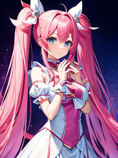 high quality，masterpiece。A cute magical girl with very long pink hair，The hairstyle is long twin tails。She stands upright with her face and body facing the viewer，True Identity。Her hands are empty，Don&#39;t move your hands。She seems tall，Her breasts are very large，Good style，She has the perfect proportions as a woman.。She is smiling with her pretty face，Both eyes are blue。Her costume is a magical girl costume.，Clothes that don&#39;t reveal much of the chest，The costume covers the chest，Magical Girl Costume，Costumes with flashy designs such as ribbons and frills，The costume has a white and pink color scheme..，Skirt is a mini skirt，Long white gloves on both hands，Long white socks on both feet。She is standing，Where you&#39;re standing is in the city。