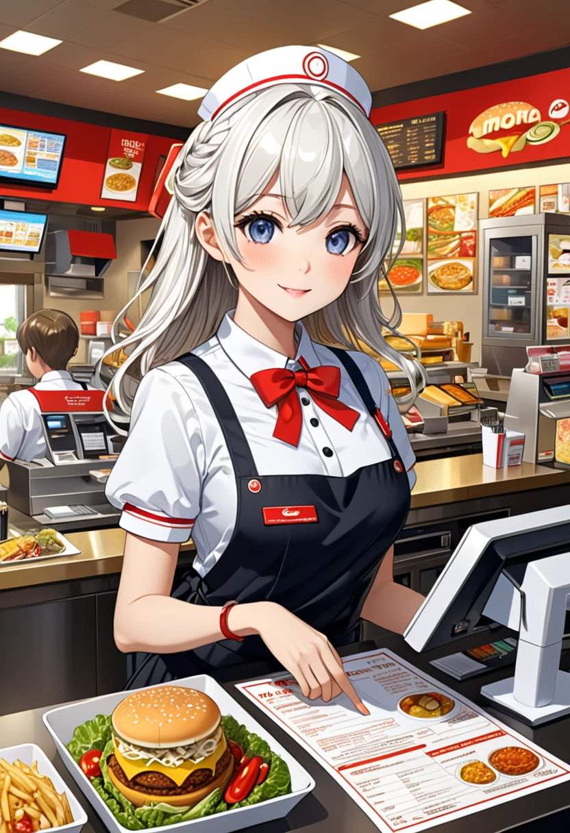 ( Correct and perfect anatomy ) Cute charming anime girl wearing white fast food uniform(Fast food clerk) There is a cash register in front of work in a fast food restaurant with a hand holding an order form. There are rich healthy side dishes around the cash register. The background of fast food meals is a rich meal preparation scene. Exquisite illustrations are super detailed.,Ultra-precise depiction, Ultra-detailed depiction of masterpieces Highly detailed concept art Highly detailed digital art