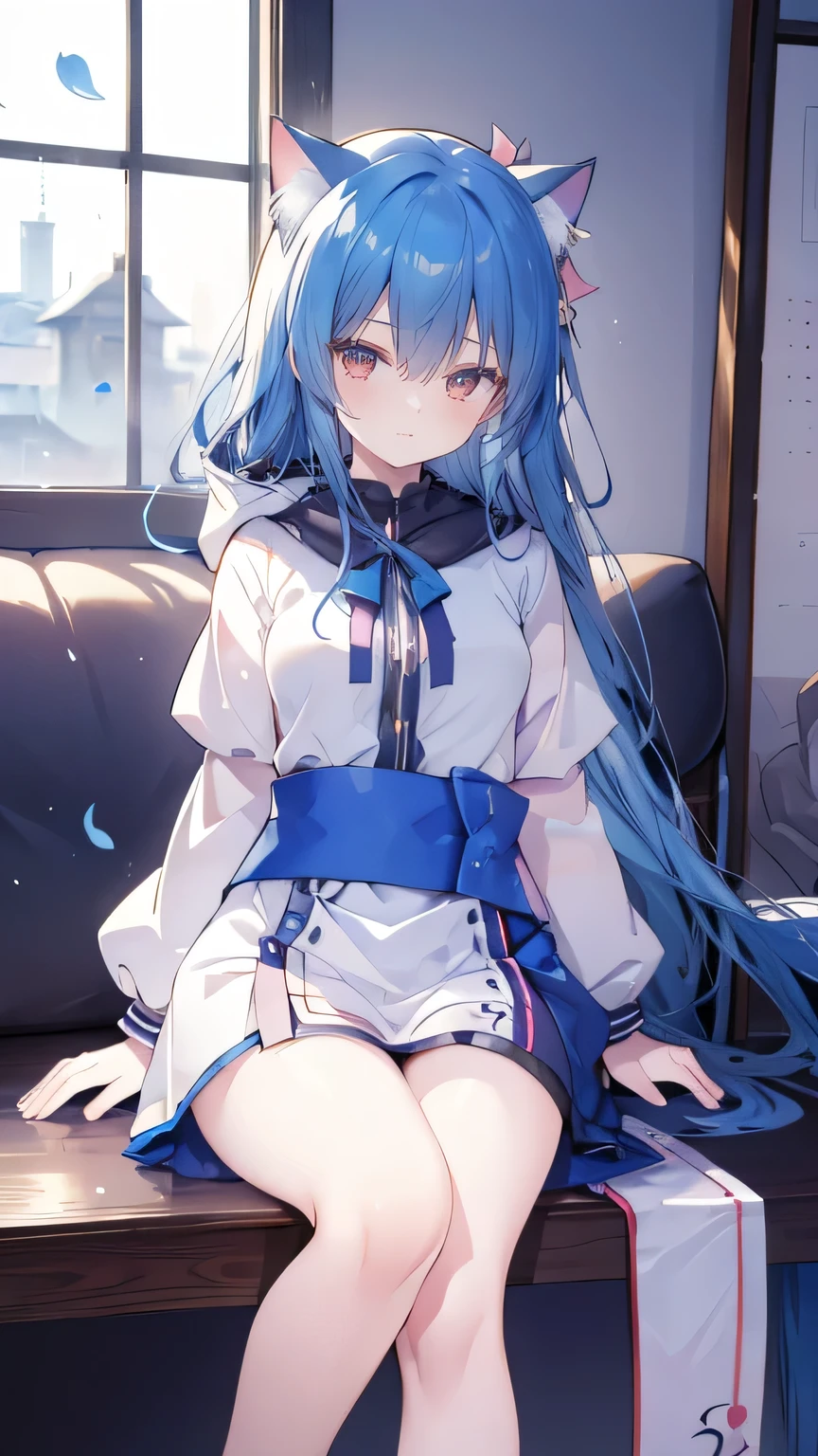 (masterpiece:1.2),Super detailed,lifelike,Expressive eyes,fair skin,perfect face shape,1 girl,
Japanese comics,Gorgeous blue hair,flowing blue hair,flowing clothes,Cat ears,Petals fall,beautiful lola,Baby Angel,
Shaking head with one hand,Cross your legs,Gentle and peaceful background,The pavilion is cool and comfortable,smile, wearing hoodie, In front of the window,snowing
