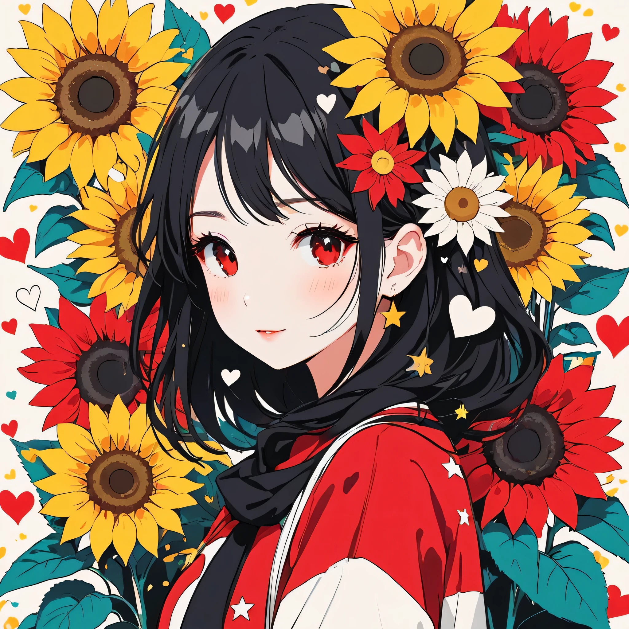 Black Star Red and White style, Simple Line Initialism，Abstract art，Kawaii Design, The most beautiful girl of all time, The background is sunflowers, colorful hearts, colorful flowers,