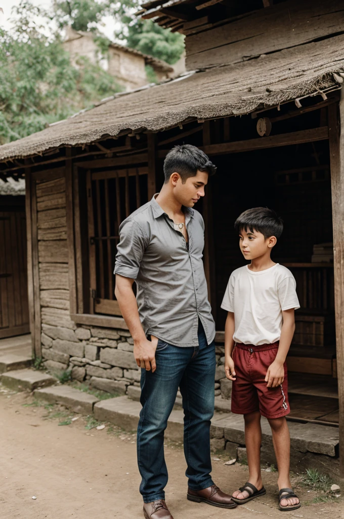 Man with boy in village 