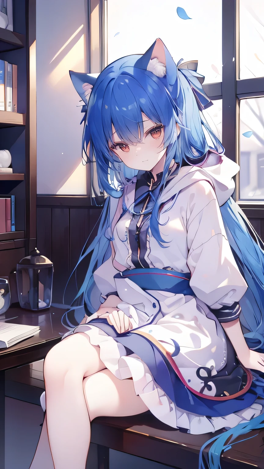 (masterpiece:1.2),Super detailed,lifelike,Expressive eyes,fair skin,perfect face shape,1 girl,
Japanese comics,Gorgeous blue hair,flowing blue hair,flowing clothes,Cat ears,Petals fall,beautiful lola,Baby Angel,
Shaking head with one hand,Cross your legs,Gentle and peaceful background,The pavilion is cool and comfortable,smile, wearing hoodie, In front of the window,snowing