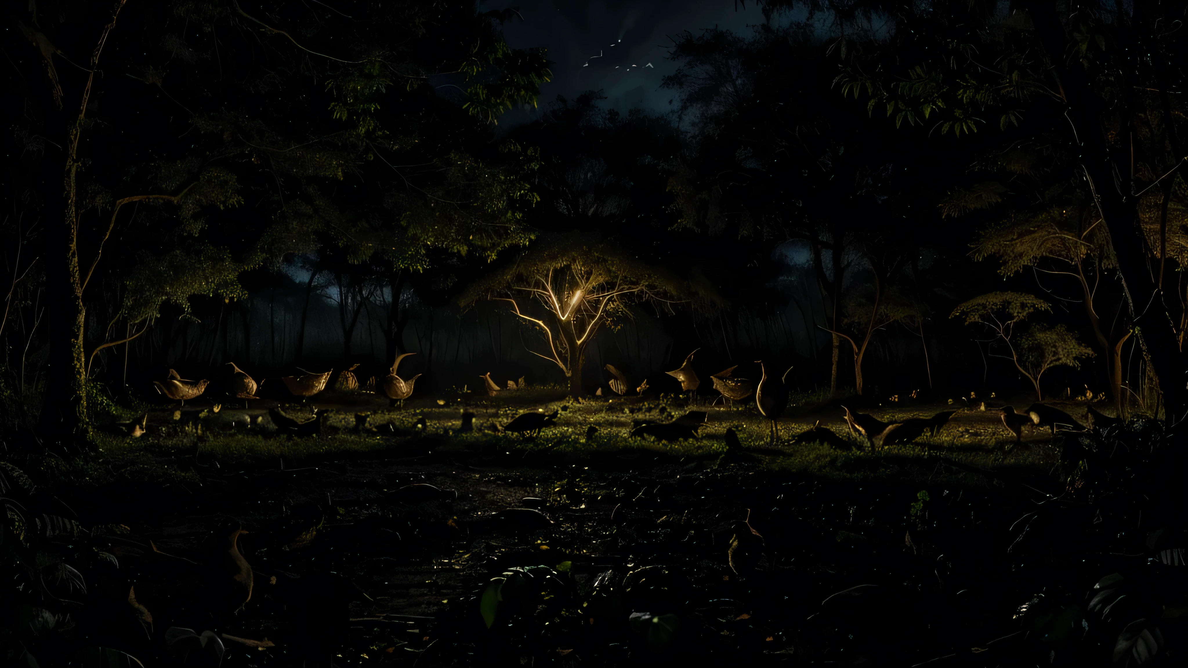 A dark night scene shows a cacophony of chirping birds at in the African forest