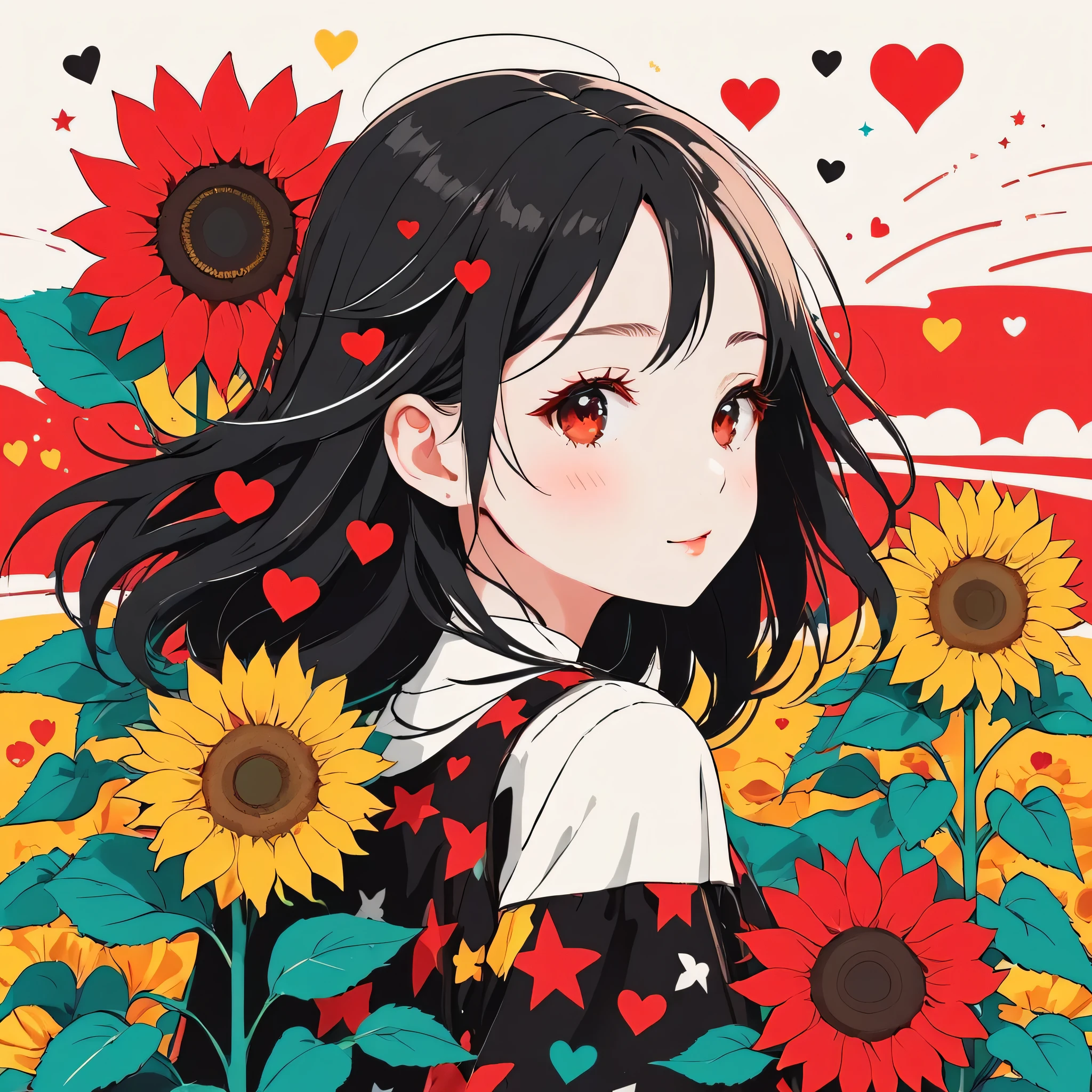 Black Star Red and White style, Simple Line Initialism，Abstract art，Kawaii Design, The most beautiful girl of all time, The background is sunflowers, colorful hearts, colorful flowers,