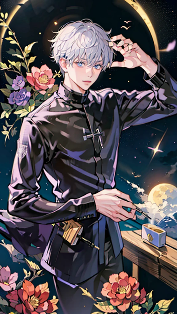 (BOY \(student, 15 years old, JK, short flowing silver hair, cosmic colored eyes, black , pale skin, tired face with no sparkle in the eyes\) is looking at the sky), (lots of goldfish swimming in the air ), beautiful sky, beautiful clouds, colorful summer flowers blooming here and there, (crystal clear bubbles shining through prisms here and there in the sky), there is a daytime moon and daytime stars in the sky , BREAK ,quality \(8k, highly detailed CG unit wallpaper, masterpiece, high resolution, best quality, high quality genuine leather texture, very realistic, resolution enhancement, RAW photo, best quality, highly detailed, wallpaper, cinematic lighting, ray trails, golden ratio \) , long shot