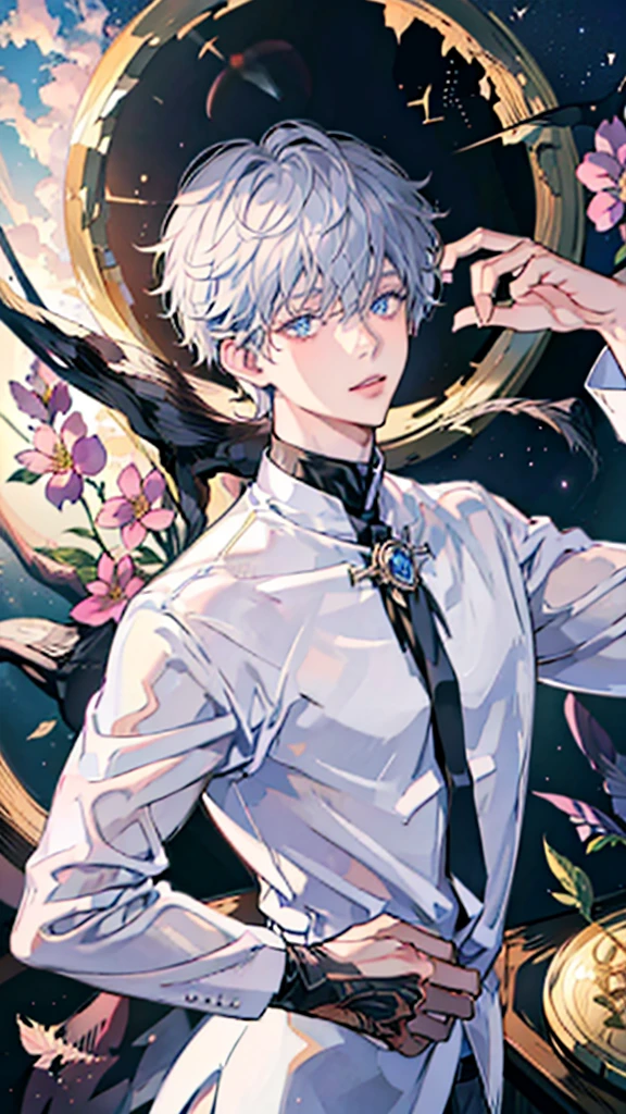 (BOY \(student, 15 years old, JK, short flowing silver hair, cosmic colored eyes, black , pale skin, tired face with no sparkle in the eyes\) is looking at the sky), (lots of goldfish swimming in the air ), beautiful sky, beautiful clouds, colorful summer flowers blooming here and there, (crystal clear bubbles shining through prisms here and there in the sky), there is a daytime moon and daytime stars in the sky , BREAK ,quality \(8k, highly detailed CG unit wallpaper, masterpiece, high resolution, best quality, high quality genuine leather texture, very realistic, resolution enhancement, RAW photo, best quality, highly detailed, wallpaper, cinematic lighting, ray trails, golden ratio \) , long shot