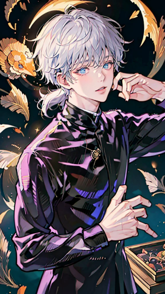 (BOY \(student, 15 years old, JK, short flowing silver hair, cosmic colored eyes, black , pale skin, tired face with no sparkle in the eyes\) is looking at the sky), (lots of goldfish swimming in the air ), beautiful sky, beautiful clouds, colorful summer flowers blooming here and there, (crystal clear bubbles shining through prisms here and there in the sky), there is a daytime moon and daytime stars in the sky , BREAK ,quality \(8k, highly detailed CG unit wallpaper, masterpiece, high resolution, best quality, high quality genuine leather texture, very realistic, resolution enhancement, RAW photo, best quality, highly detailed, wallpaper, cinematic lighting, ray trails, golden ratio \) , long shot